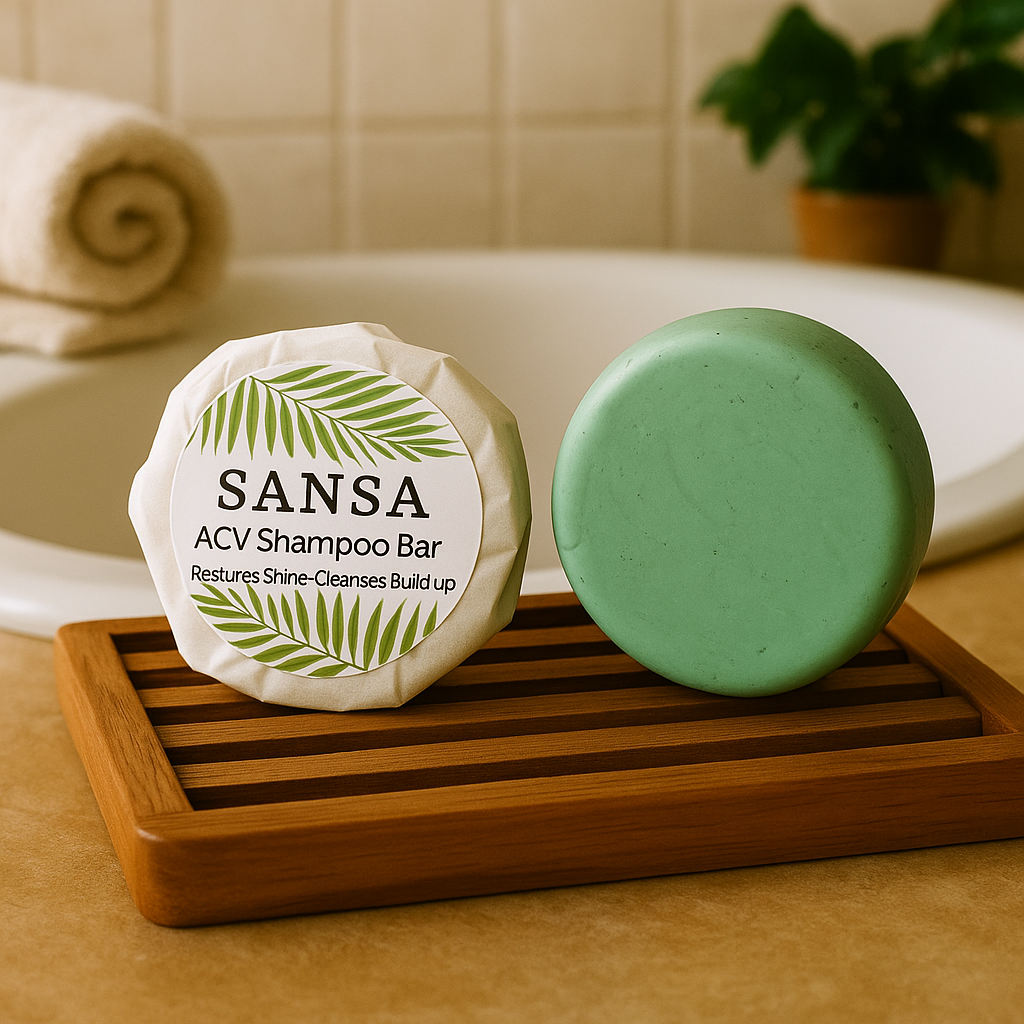 Sansa ACV Shampoo Bar on a wooden tray with a bathroom setting in the background.