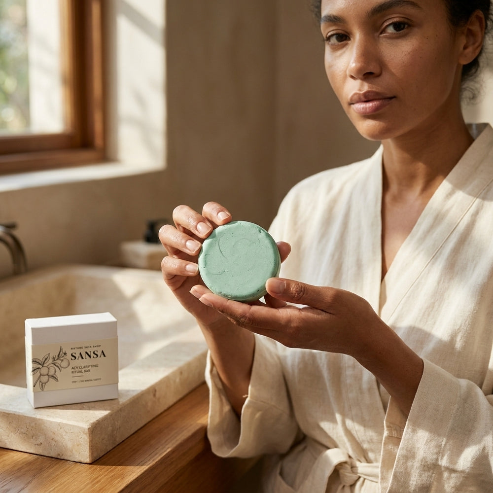 A woman in a cream-colored robe holds a round, mint-green bar of soap in her hands. A white box of Sansa soap is resting on a stone tray nearby in a warm, sunlit bathroom setting.