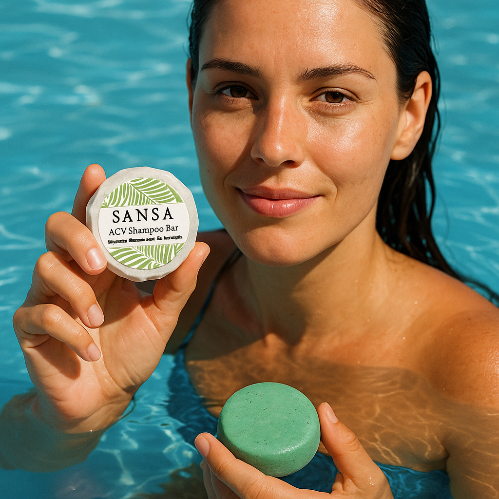 Woman holding a Sansa ACV Shampoo Bar by a pool