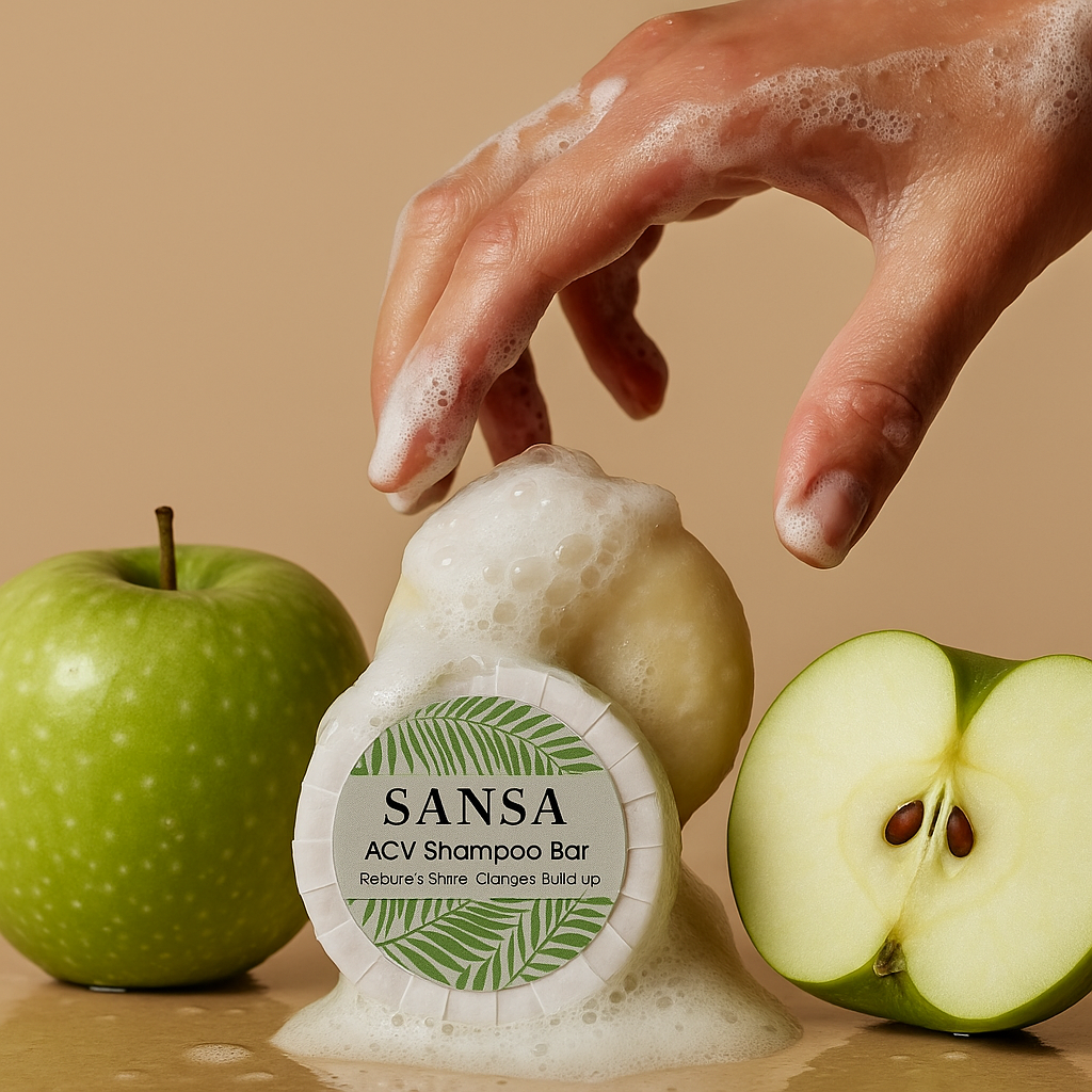 SANSA ACV Shampoo Bar with a hand applying soap, an apple, and a halved apple on a beige background
