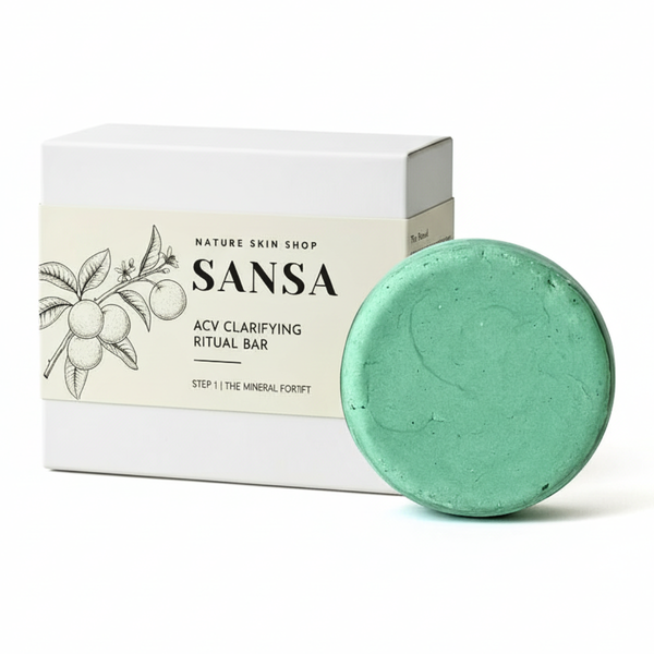 Green soap bar next to its packaging with 'Sansa' branding on a white background