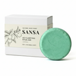 Green soap bar next to its packaging with 'Sansa' branding on a white background