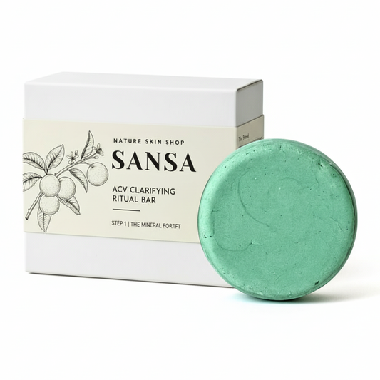 Green soap bar next to its packaging with 'Sansa' branding on a white background