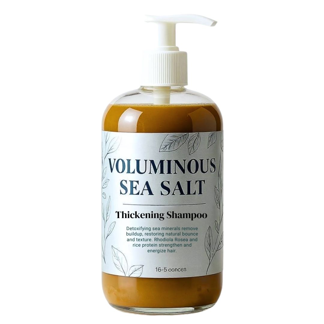 Bottle of voluminous sea salt thickening shampoo with a pump on a white background