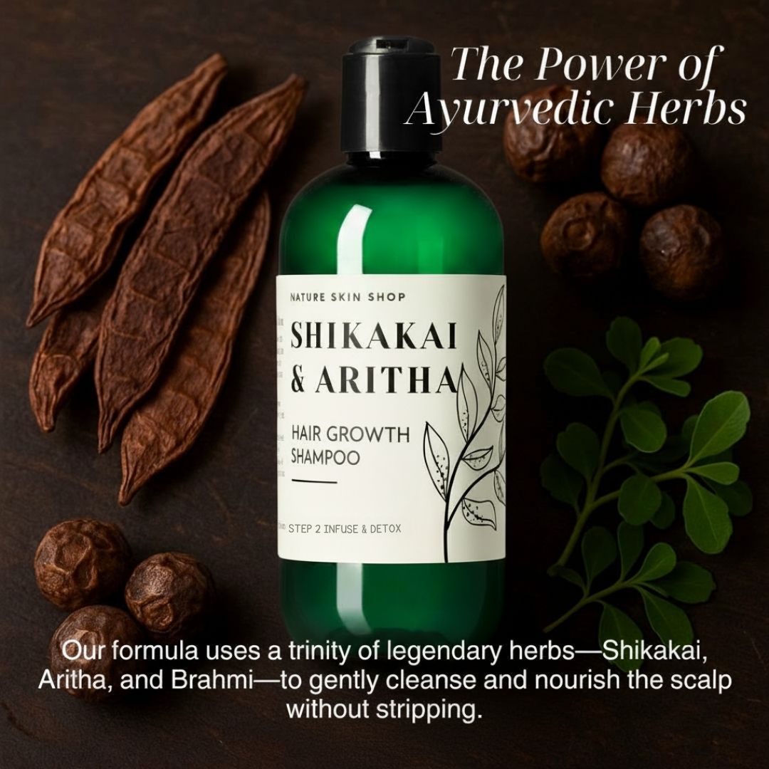 Shikakai & Aritha hair growth shampoo bottle with Ayurvedic herbs on a dark background