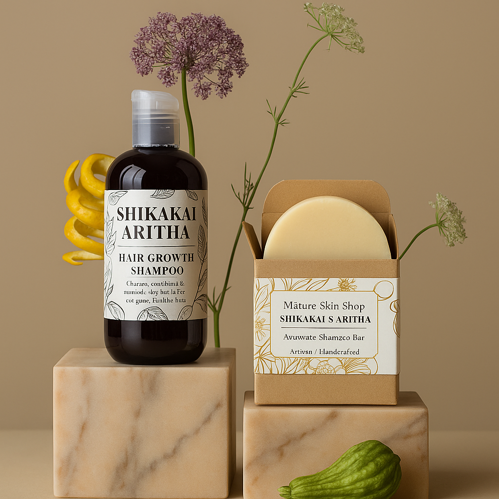 Shikakai Aritha hair growth shampoo bottle and soap bar on marble stands with flowers and a zucchini.