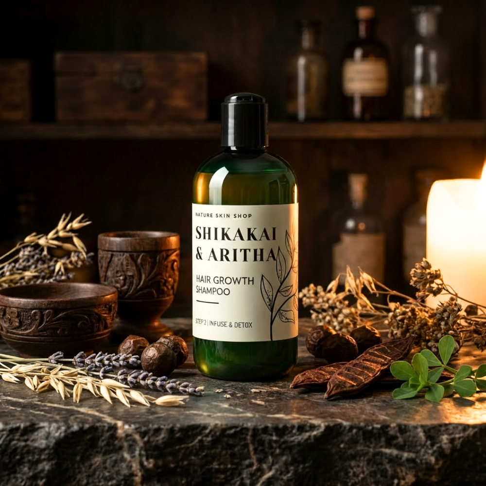 Shikakai & Aritha hair growth shampoo bottle on a rustic surface with natural elements.