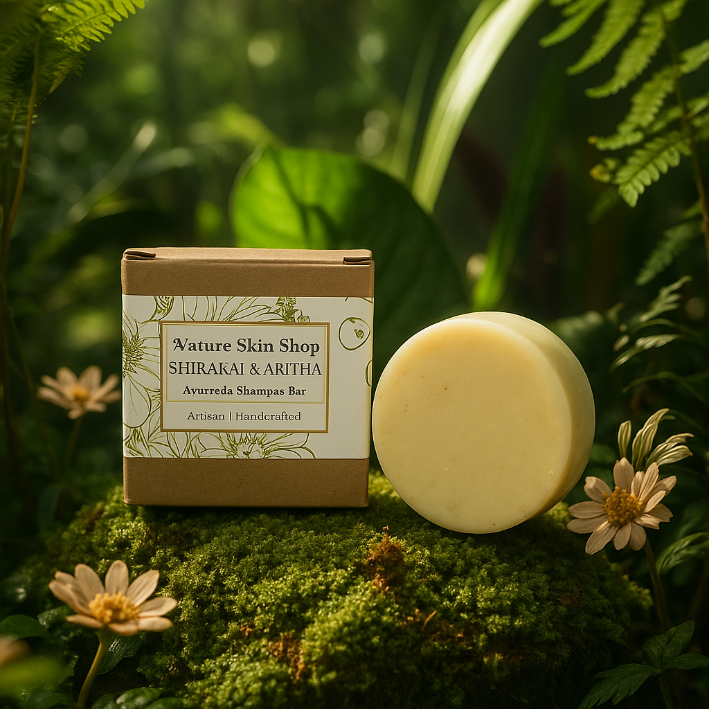 Nature Skin Shop shampoo bar and packaging on a green background with plants and flowers