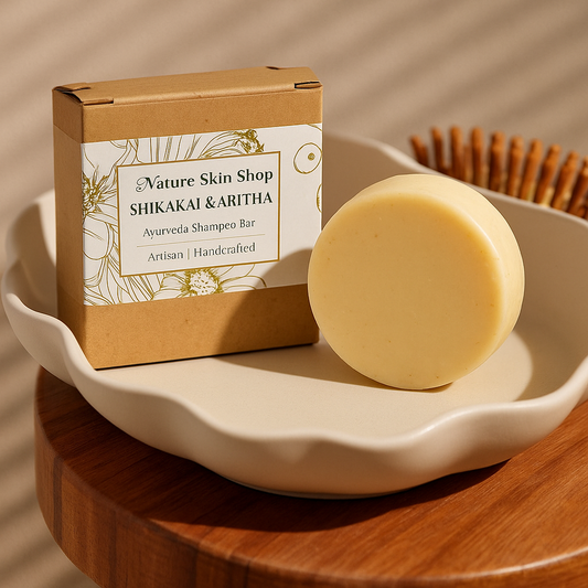 Shikakai and Aritha shampoo bar with packaging on a wooden surface