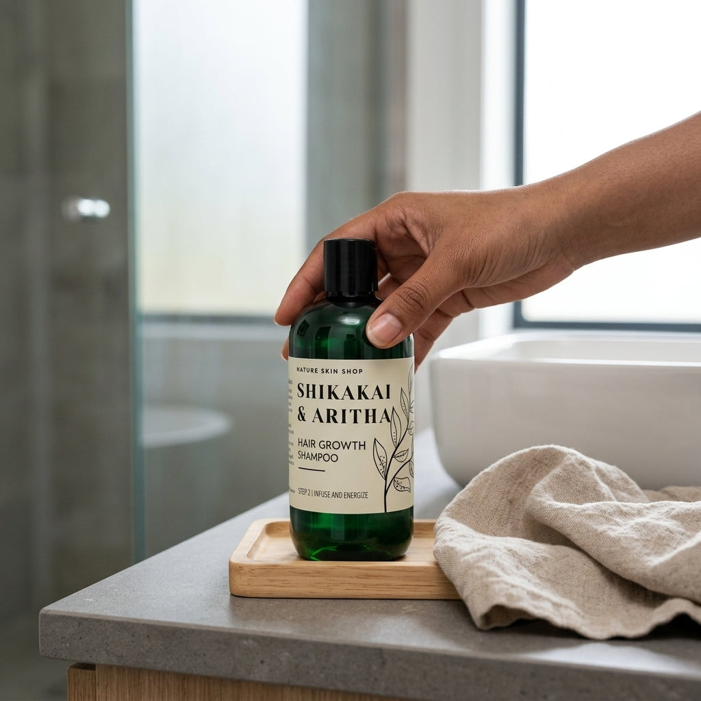 Hand holding a bottle of Shikakai & Aritha shampoo on a bathroom counter.