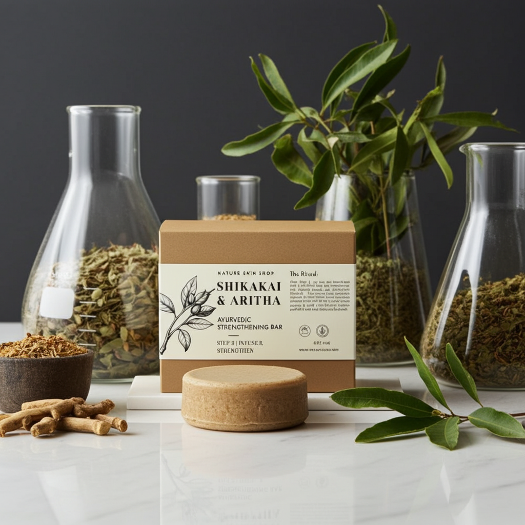 Naturopathic strengthening bar with packaging on a table with herbs and plants.