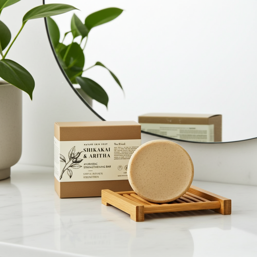 Bar of soap on a wooden soap dish with packaging in the background, on a white surface with a plant.