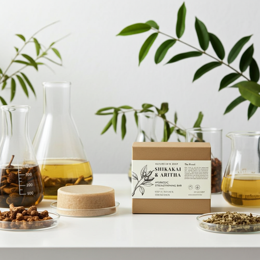 Box of Shikakai & Aritha soap with natural ingredients on a white surface and plant background
