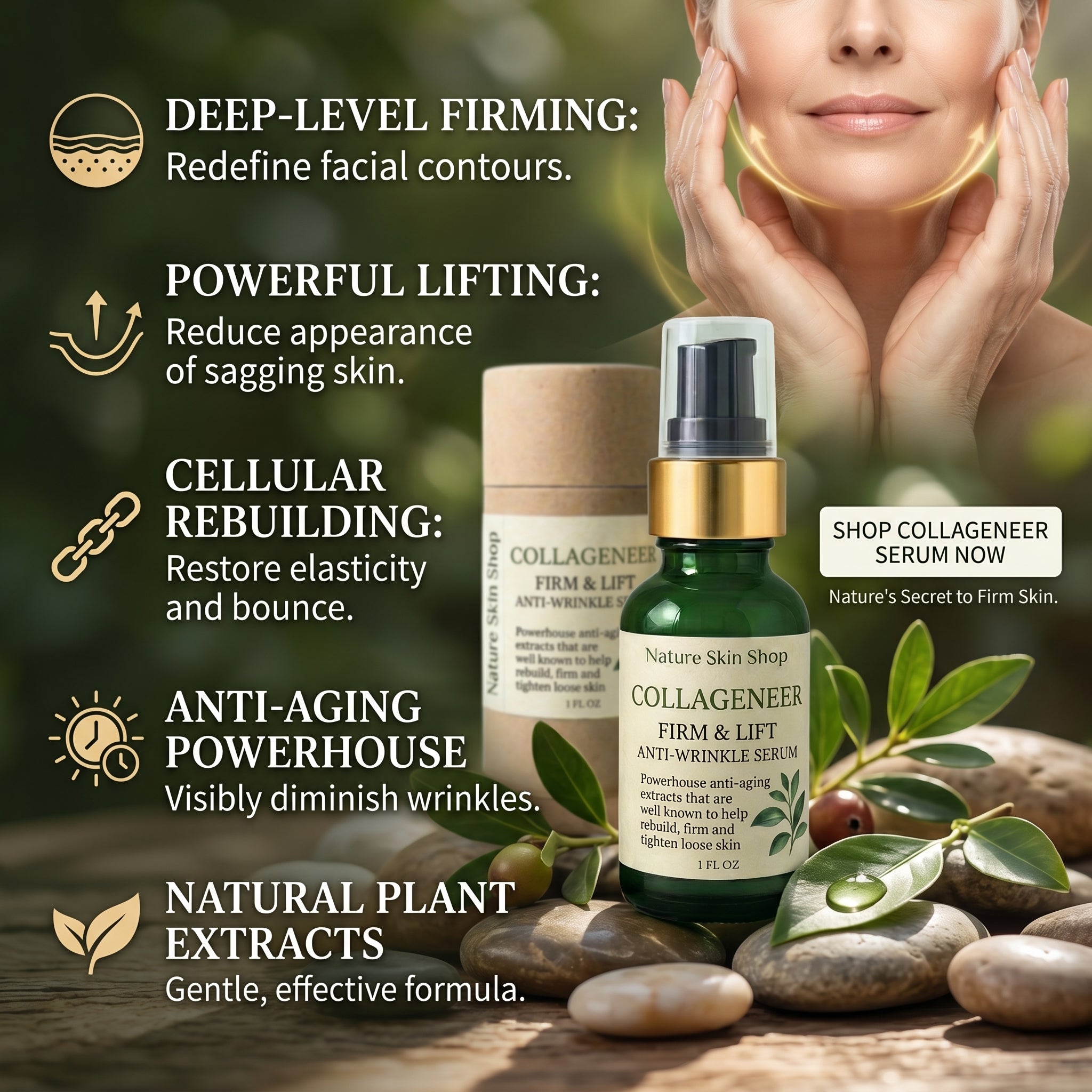 Collagen serum with natural plant extracts on a wooden surface with text highlighting benefits.