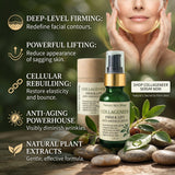 Collagen serum with natural plant extracts on a wooden surface with text highlighting benefits.
