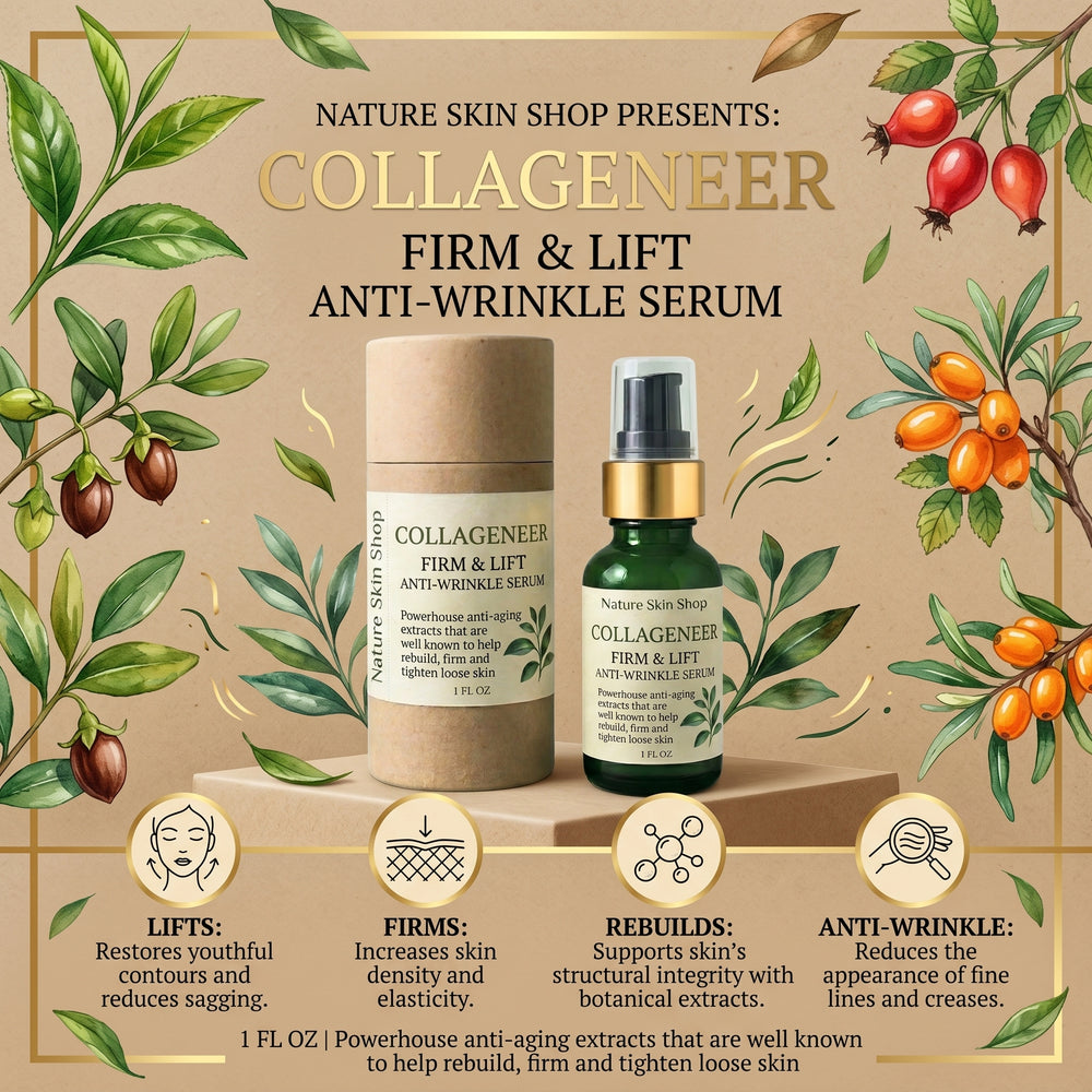 Collagener Firm & Lift Anti-Wrinkle Serum with nature-themed design on a beige background