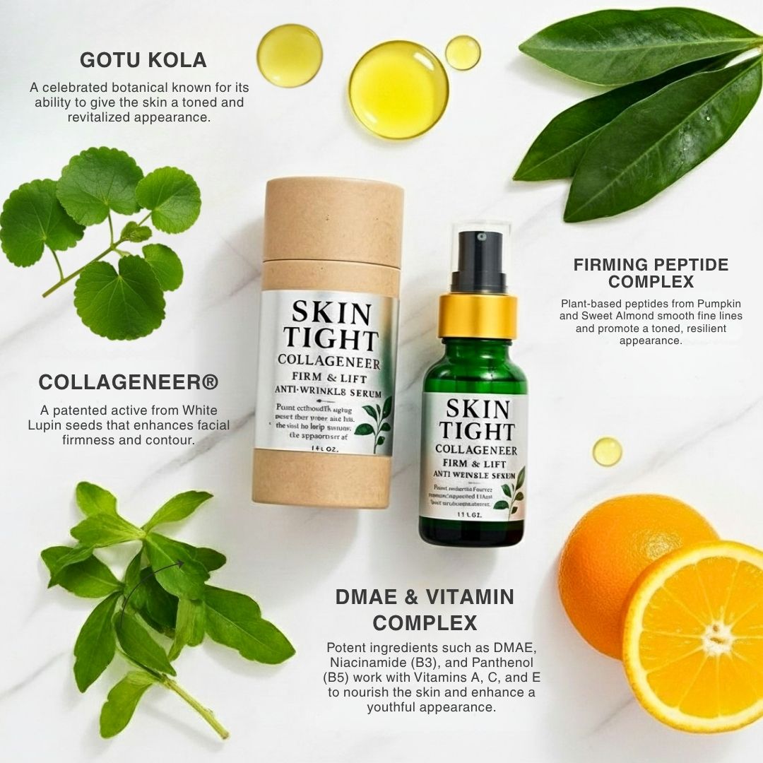 Skincare products with ingredients and benefits displayed on a white background