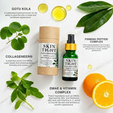 Skincare products with ingredients and benefits displayed on a white background