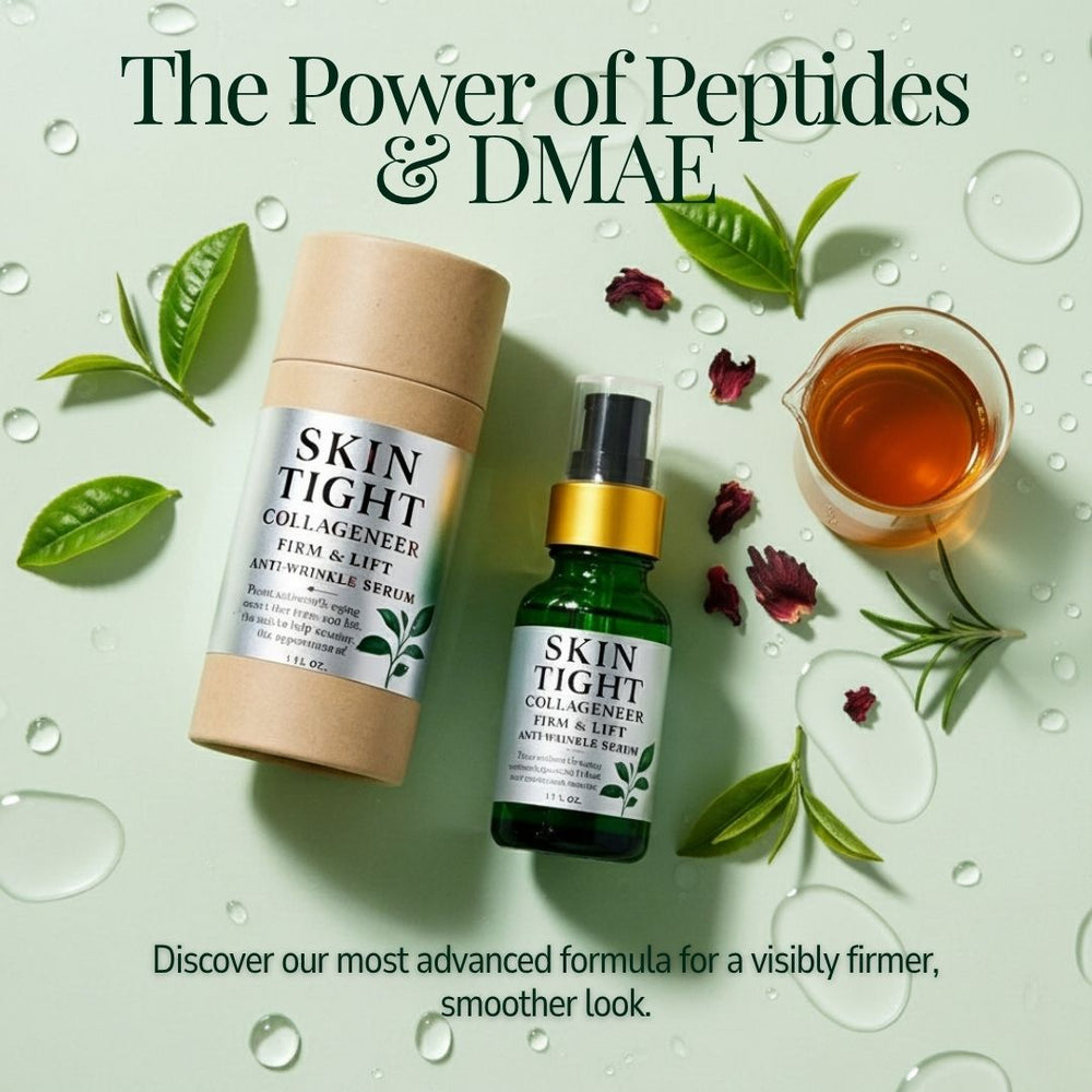 SKIN TIGHT Collageneer serum and cream with green leaves and a cup of tea on a light green background.