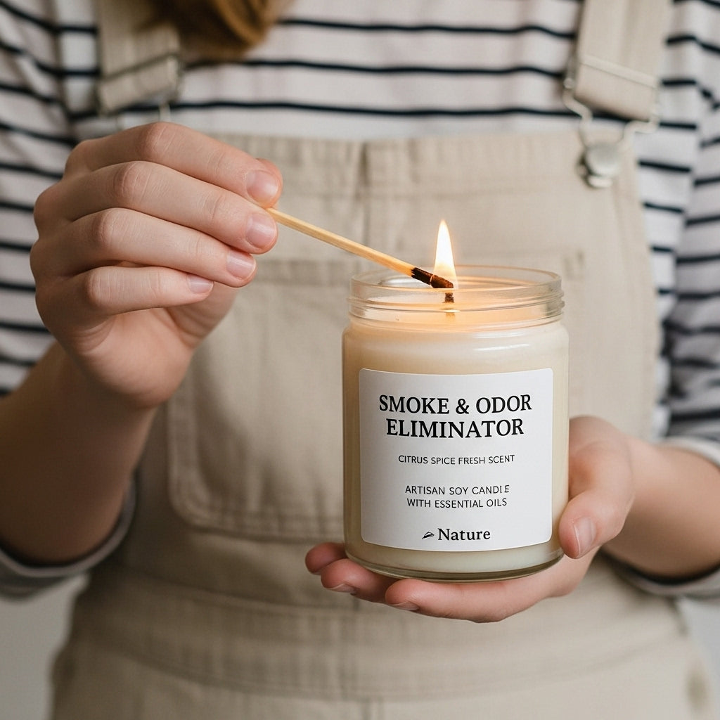 Person lighting a 'Smoke & Odor Eliminator' candle with a match.