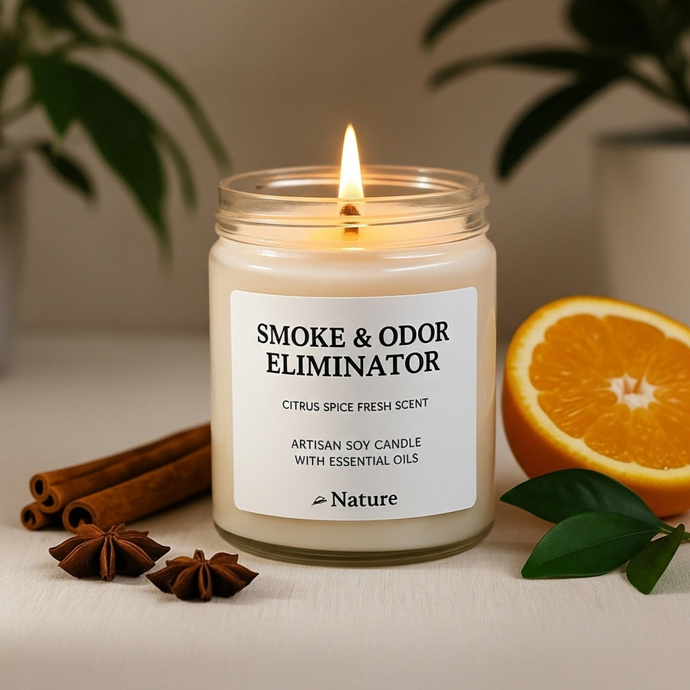 Candle labeled 'Smoke & Odor Eliminator' with cinnamon, star anise, and half an orange on a neutral background.