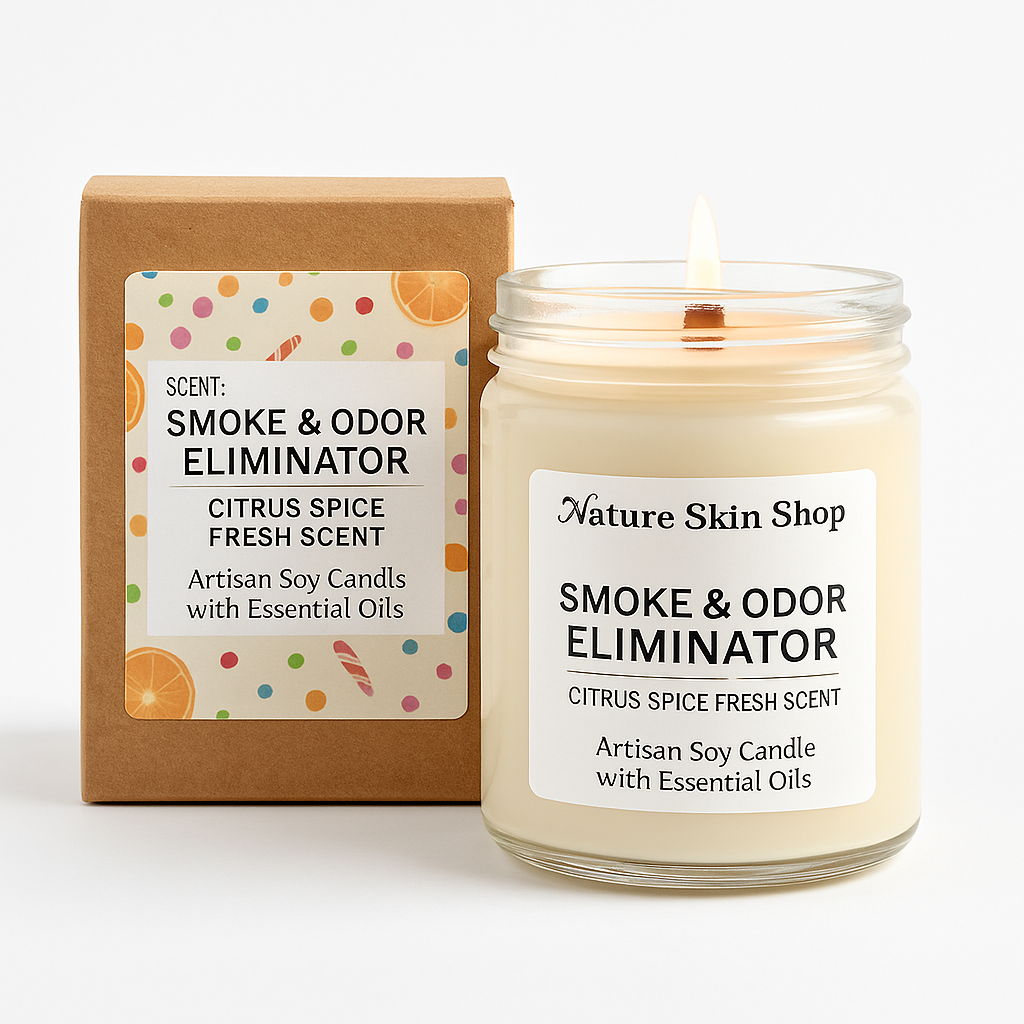 Candle labeled 'Smoke & Odor Eliminator' with packaging on a white background