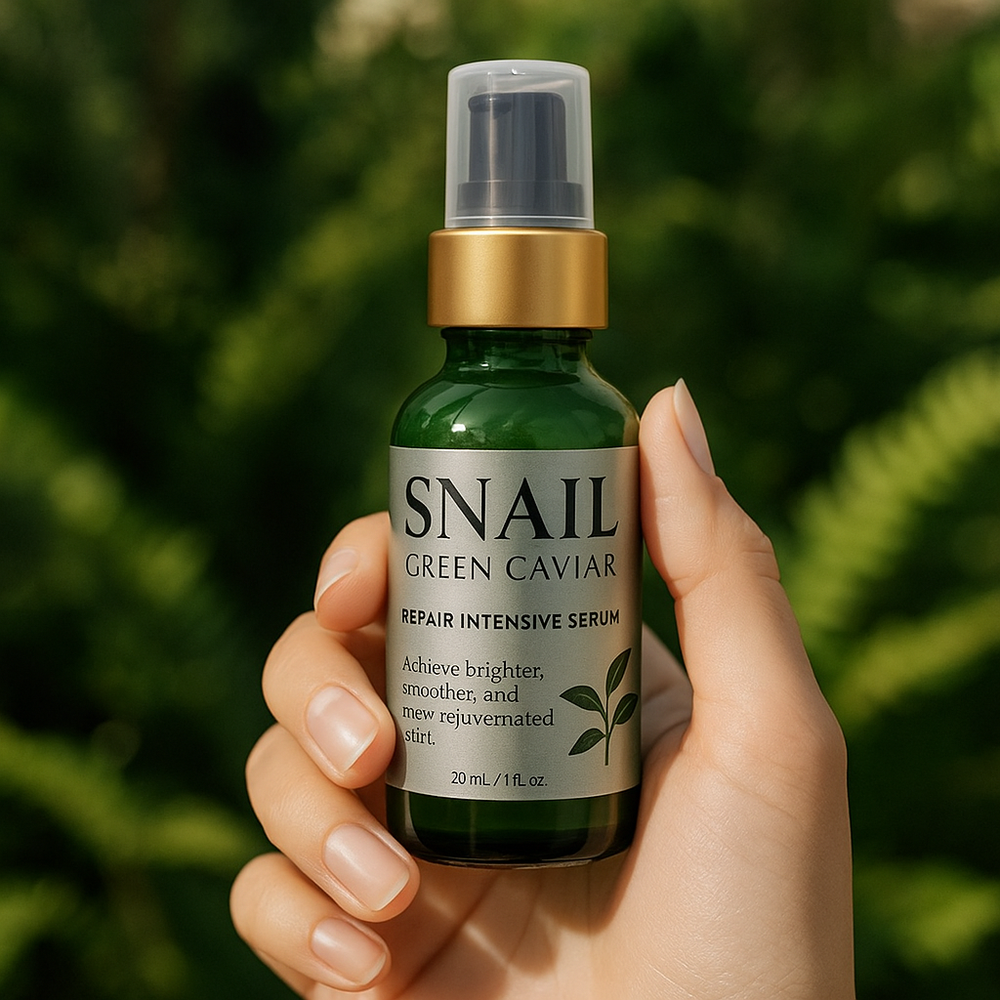 Hand holding a bottle of Snail Green Caviar serum with a green leafy background