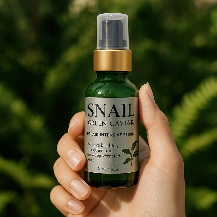 Hand holding a bottle of Snail Green Caviar serum with a green leafy background