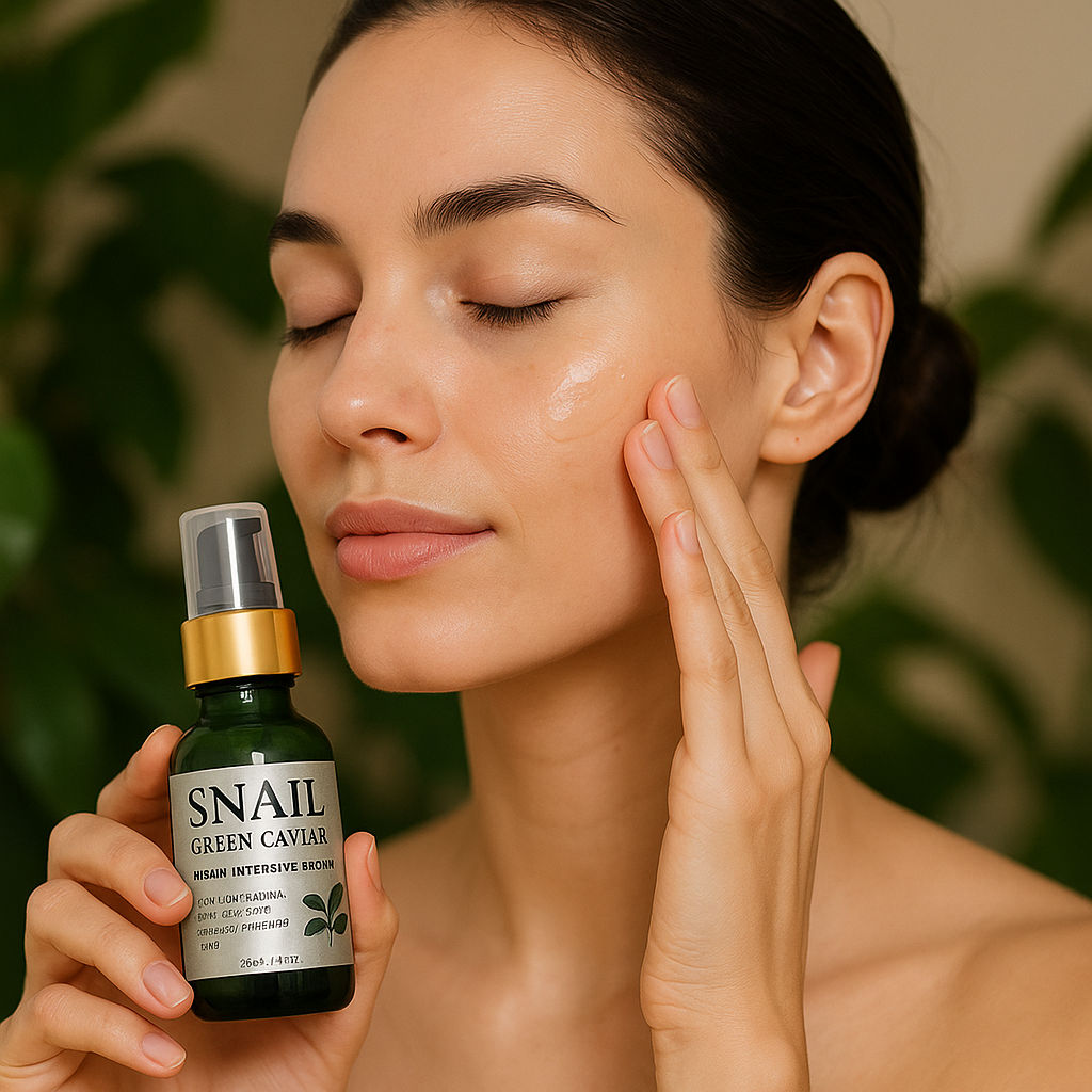 Woman applying skincare product to face with snail green caviar bottle in hand