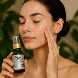 Woman applying skincare product to face with snail green caviar bottle in hand