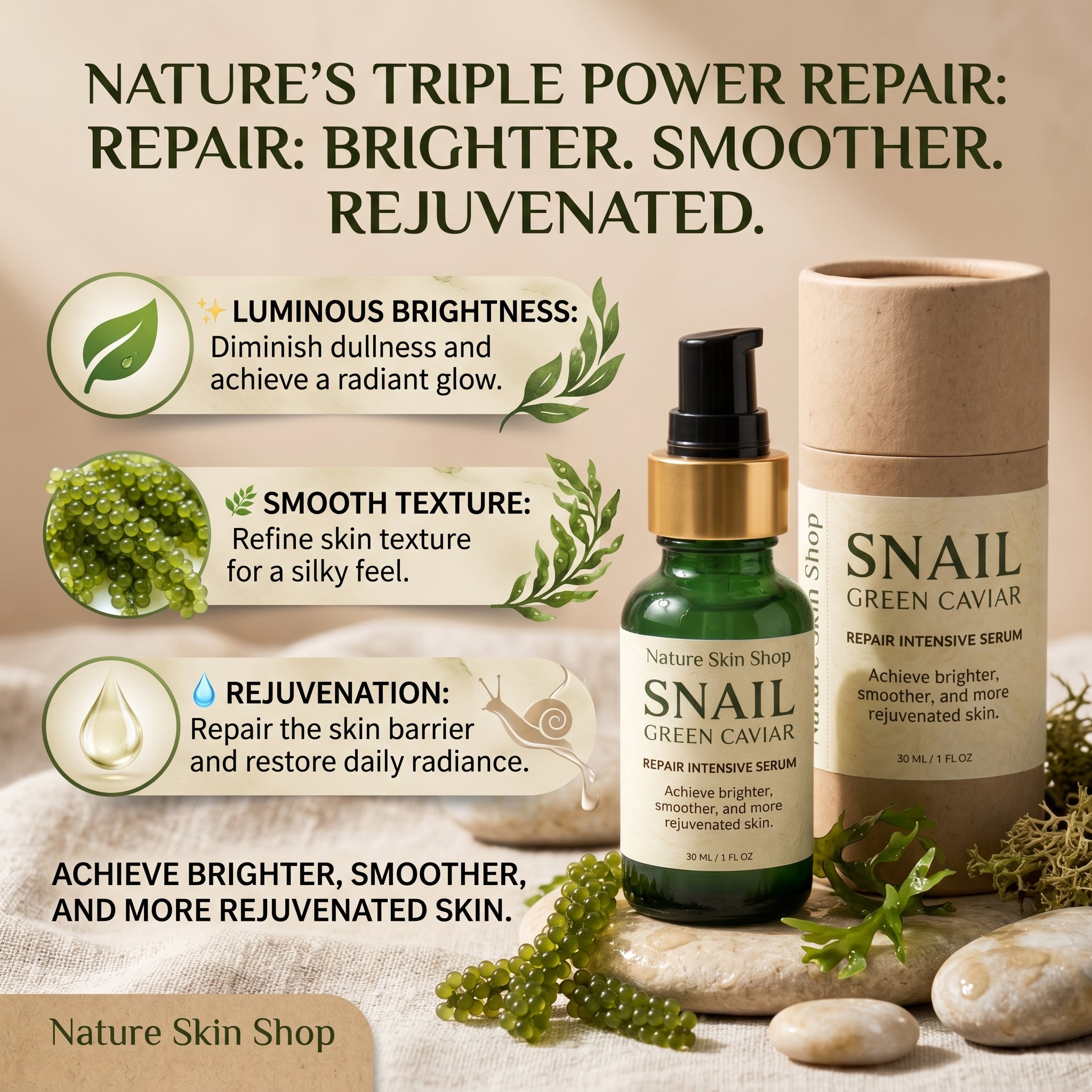 Snail green caviar skincare serum with packaging on a natural background, featuring text about product benefits.
