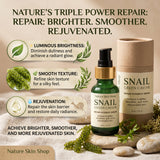 Snail green caviar skincare serum with packaging on a natural background, featuring text about product benefits.