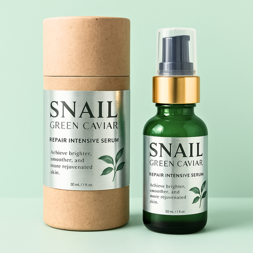 Snail Green Caviar repair intensive serum with packaging on a light green background