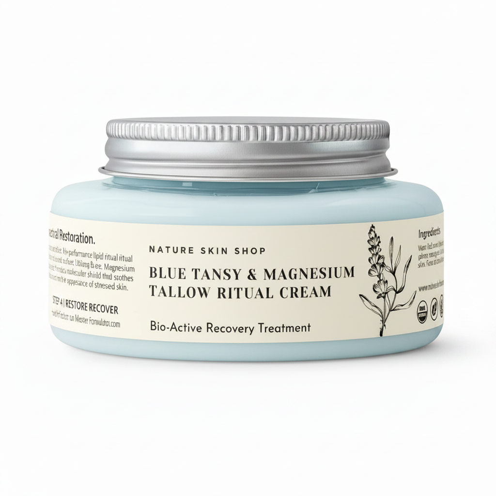 Jar of Blue Tansy & Magnesium Tallow Ritual Cream from Nature Skin Shop on a white background