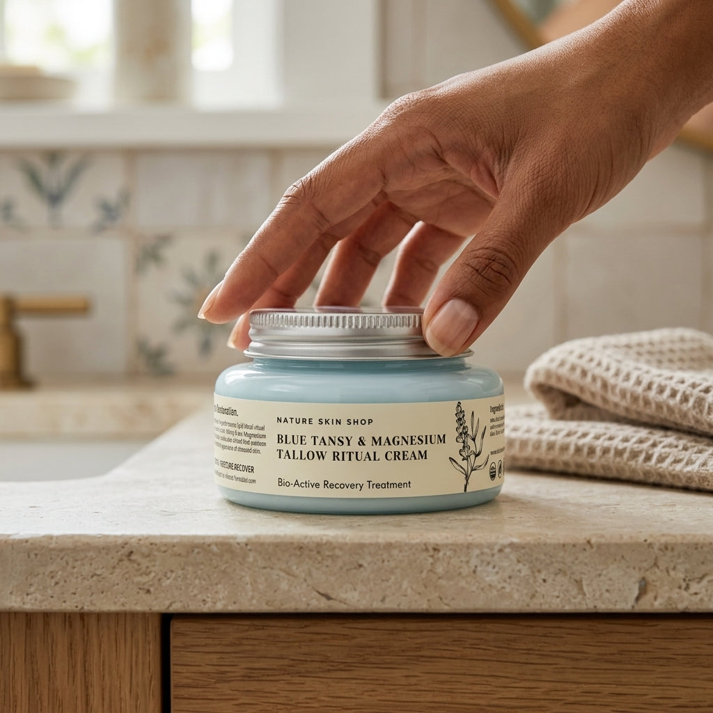 Hand opening a jar of cream on a bathroom counter