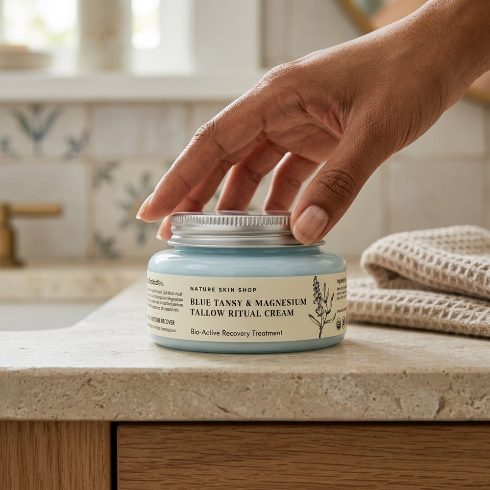 Hand opening a jar of cream on a bathroom counter