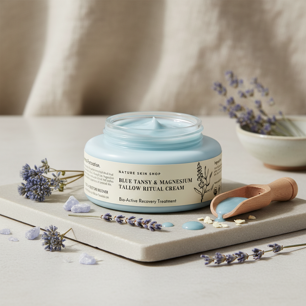 Jar of Blue Tansy & Magnesium Tallow Ritual Cream with a wooden scoop on a neutral background