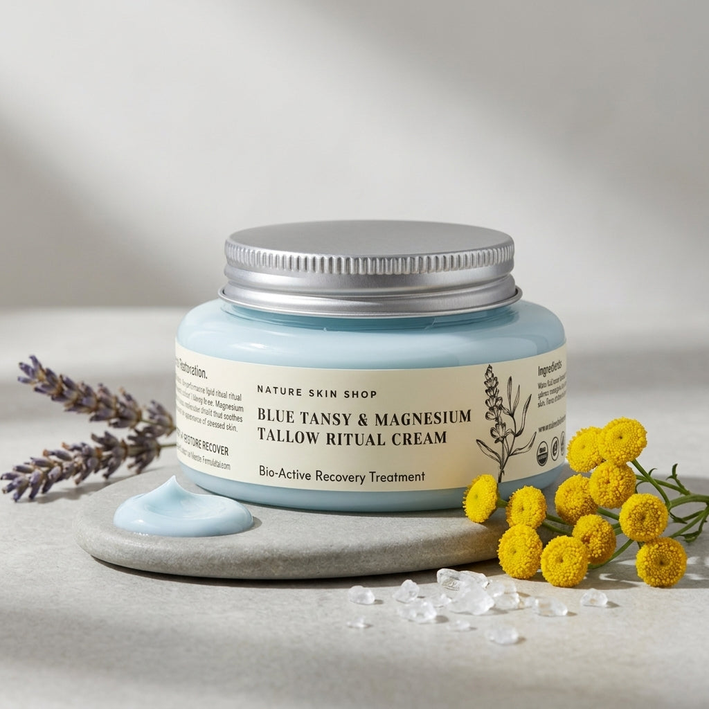 Jar of Blue Tansy & Magnesium Tallow Ritual Cream with flowers on a neutral background