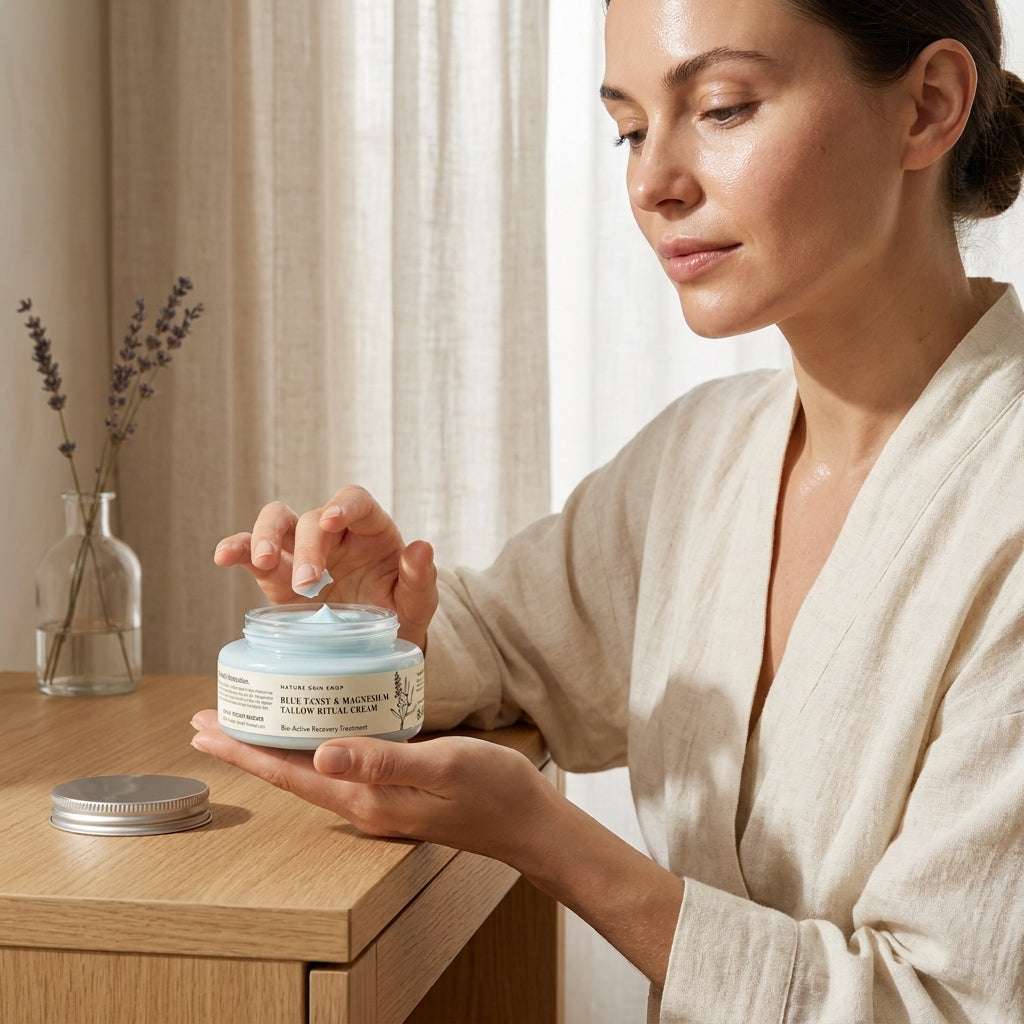 Woman in a robe applying cream from a jar on a wooden table with a neutral background