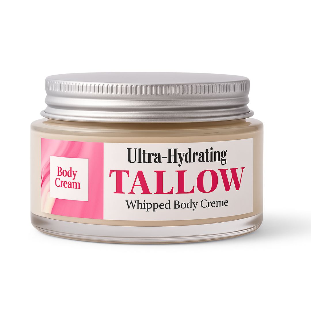 Jar of Ultra-Hydrating Tallow Whipped Body Creme with pink label on white background