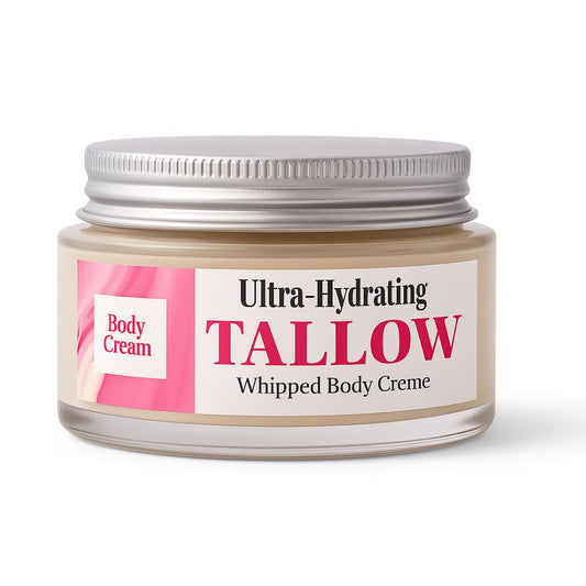 Jar of Ultra-Hydrating Tallow Whipped Body Creme with pink label on white background