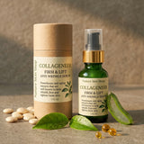 Collagen-based skincare products from Nature Skin Shop on a textured surface with leaves and capsules.