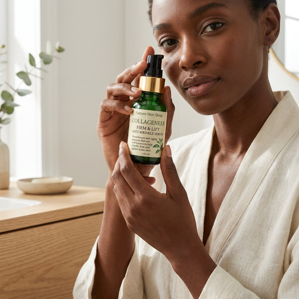 Woman holding a skincare serum bottle in a home setting