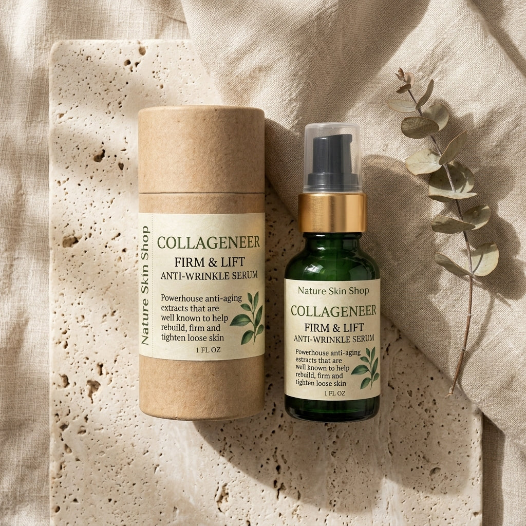 Collagen-based skincare products on a textured beige surface with eucalyptus leaves.