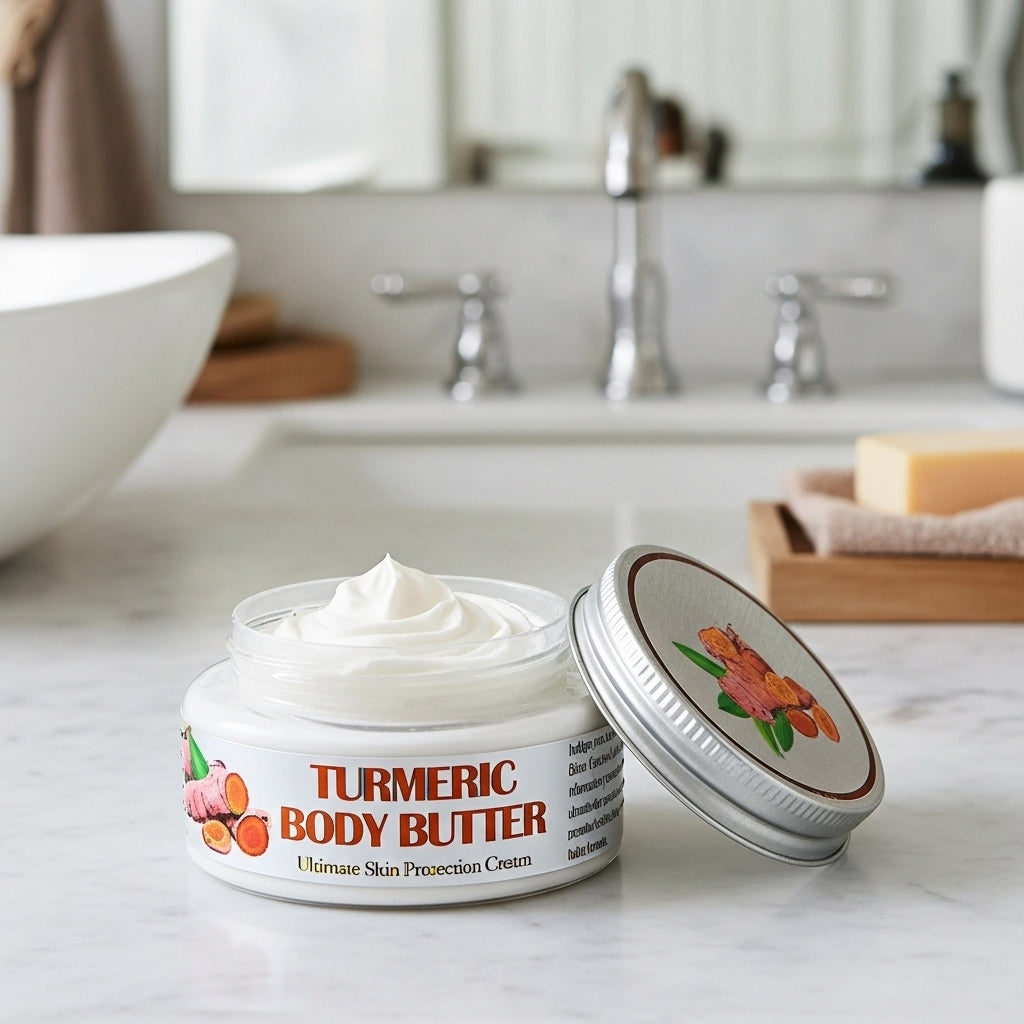 Turmeric body butter jar on a bathroom counter with a blurred background