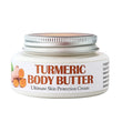 Jar of turmeric body butter with a white background