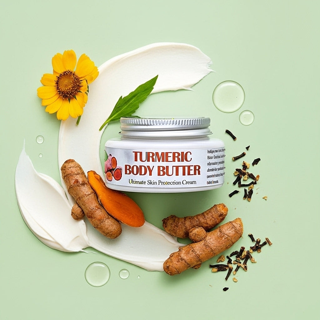 Turmeric body butter jar with turmeric roots, a carrot, and a yellow flower on a light green background.