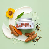 Turmeric body butter jar with turmeric roots, a carrot, and a yellow flower on a light green background.