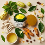 Turmeric Glow product with turmeric roots, leaves, and flowers on a beige background