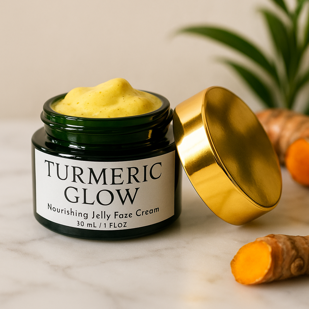Jar of Turmeric Glow cream with a gold lid on a marble surface, surrounded by turmeric roots.